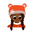 Girl of African American or Latin nationality with sad emotions, depressed face, down eyes in bear hat with snowflake