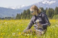 A girl against the panorama of the Alps Royalty Free Stock Photo