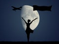 Girl and airplane with banner in the moonlight Royalty Free Stock Photo