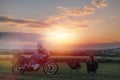 Girl alone is sitting on folding chairs and look to distance, ejoy the sunset view. Escape from the city. Outdoors nature. Royalty Free Stock Photo