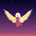 Girl angel in starry night sky. Vector flat