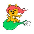 Girl animal flying on a balloon, doodle icon image kawaii