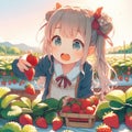 girl in anime harvesting strawberry fruits on the meadow, happy and amazed.