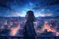 A Girl In Anime Style Gazes At A Cityscape In The Night, Blending Cuteness And Melancholy