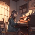 girl in anime style playing piano.Generative ai.
