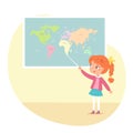 Girl answering at geography lesson in class. School education vector illustration. Young girl standing and pointing at