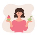 Girl with an apple in one hand and a cake in another, thinking what is better Royalty Free Stock Photo