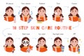 Girl applies face skin care routine, cartoon style character, trendy modern flat vector illustration.