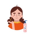 Girl applies hydrophilic oil, face skin care routine, cartoon style character