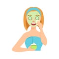 Girl Applying Natural Cucumber Cream Facial Mask, Woman With Closed Eyes Doing Home Spa Procedure Illustration