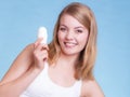 Girl applying stick deodorant in armpit. Skin care Royalty Free Stock Photo