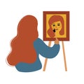 Girl artist draws a self portrait. Woman learning drawing at home, hobbies concept. Vector illustration