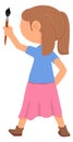 Girl artist with paint brush. Cartoon kid back view
