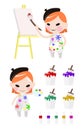 Girl artist painting on canvas with art supplies cartoon character design.