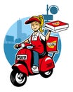 Girl as a pizza delivery service ride a scooter Royalty Free Stock Photo