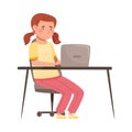 Girl as School or College Student at Desk in Front of Laptop Typing Vector Illustration