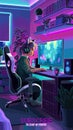 Girl asian girl gamer or streamer with a headset sits in front of a computer in a cozy room