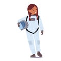 Girl Astronaut, Clad In A Spacesuit, Cradles Her Helmet With Wide-eyed Wonder, Embodying Dreams Of Cosmic Exploration