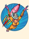 A girl astronaut is flying with a space rocket. Science fiction