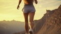 Girl athlete, in short shorts and classic sneakers and runs along mountain path in early morning.