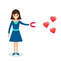 Girl attracting heart likes with magnet flat vector illustration  Social media marketing concept Royalty Free Stock Photo
