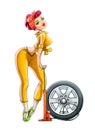 Girl auto mechanic pump wheel Royalty Free Stock Photo