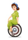 Girl automechanic with vintage car wheel.