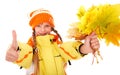 Girl in autumn orange hat with leaf group thumb up Royalty Free Stock Photo