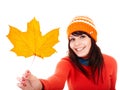 Girl in autumn orange maple leaf. Fall discount.