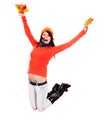 Girl in autumn orange sweater with leaf jump. Royalty Free Stock Photo