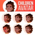 Girl Avatar Set Kid Vector. Black. Afro American. High School. Face Emotions. Facial, People. Active, Joy. Cartoon Head
