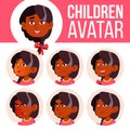 Girl Avatar Set Kid Vector. Kindergarten. Indian, Hindu. Asian. Face Emotions. Happy Childhood, Positive person, small