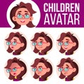 Girl Avatar Set Kid Vector. Primary School. Face Emotions. Emotions, Emotional. Friendly, Weeping. Cartoon Head