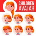 Girl Avatar Set Kid Vector. Redhead. High School. Face Emotions. Emotions, Emotional. Leisure, Smile. Cartoon Head