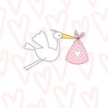Girl Baby birthday card. Cute stork. Greeting card.