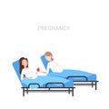Girl with baby bump giving apple to pregnant woman lying in hospital bed pregnancy concept flat full length white Royalty Free Stock Photo