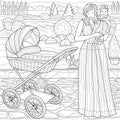 Girl with a baby in her arms and a stroller.Coloring book antistress for children and adults. Royalty Free Stock Photo