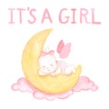 Girl baby on the moon watercolor illustration. Royalty Free Stock Photo