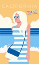 Girl on a background of blue sky. Airplane in the sky. California. LA. Los-Angeles. Vector illustration 2