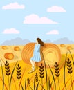 Girl in the background landscape with haystacks on fields. Rural area landscape. Hay bales