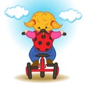 Girl with backpack in form of ladybug rides bicycle