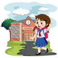 Cute cartoon girl going to school with her backpack vector illustration