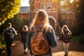 Girl backpack going class building. Generate Ai Royalty Free Stock Photo