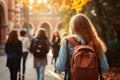 Girl backpack going class elementary. Generate Ai Royalty Free Stock Photo