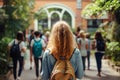 Girl backpack going class time. Generate Ai Royalty Free Stock Photo