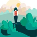 Girl with backpack hiking alone in nature, vector illustration