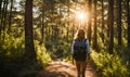 Girl with backpack sets out on an adventure, captured mid-stride on a rustic forest path