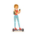 Girl With Backpack And Smartphone Riding Electric Self-Balancing Battery Powered Personal Electric Scooter Cartoon