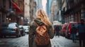 Girl with backpack travelling in the city