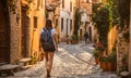 Girl with backpack walking on cobblestone street Royalty Free Stock Photo